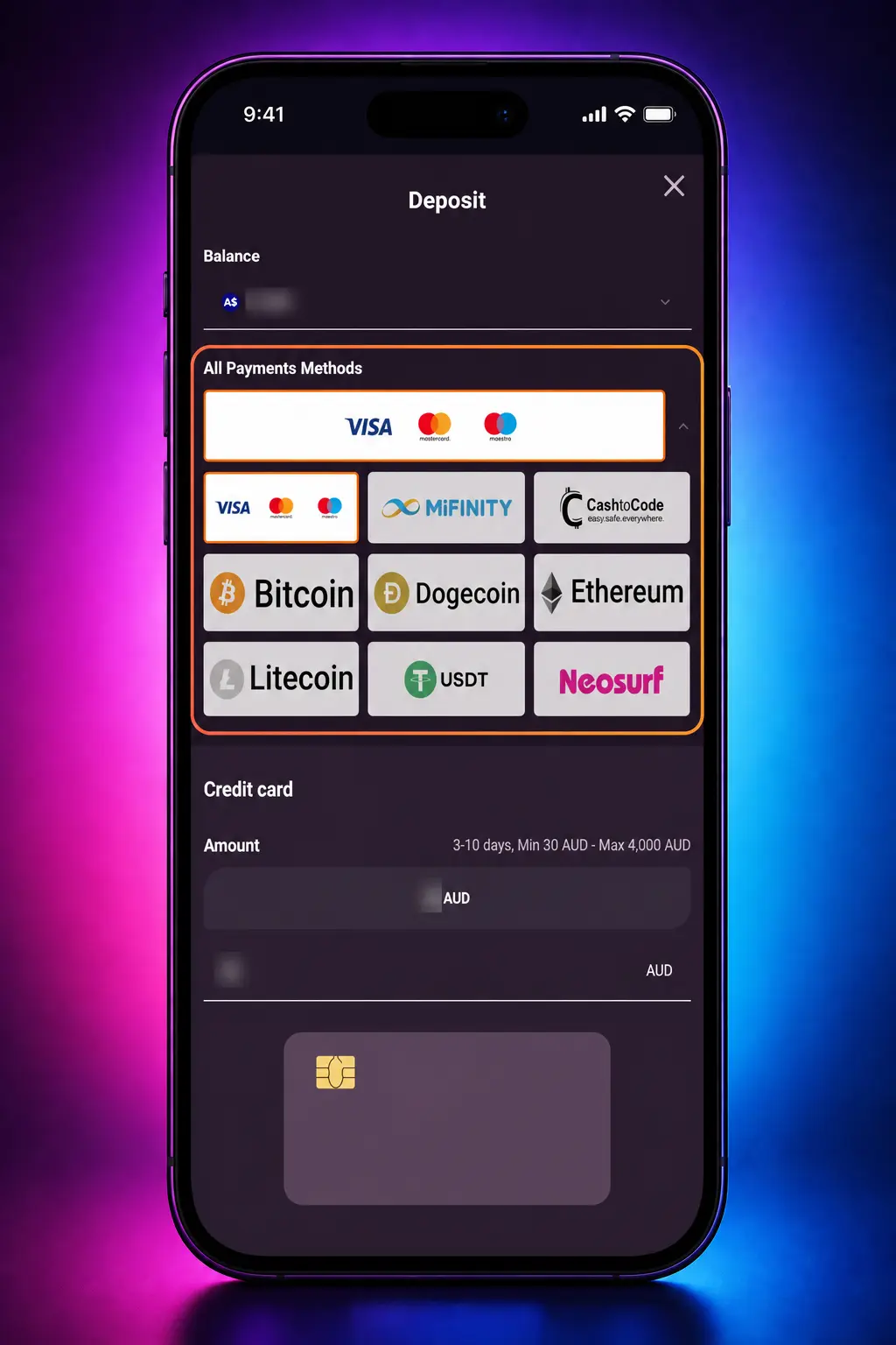 Ricky Casino Cashier showing AUD deposit steps and payment options for Australian players
