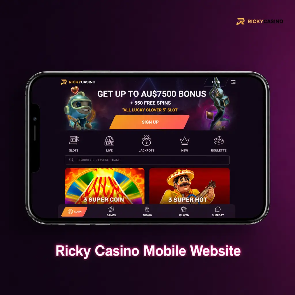 Ricky Casino mobile website on a phone with sportsbook, casino, cashier and support chat in browser