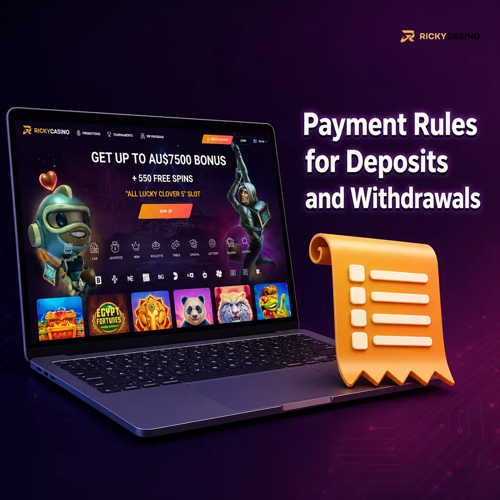 Infographic of payment rules for Australian deposits and withdrawals, including verification, AUD and bonuses