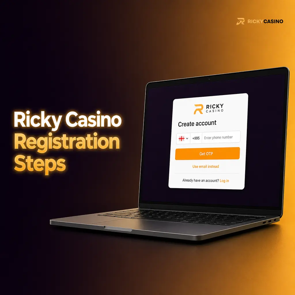 Ricky Casino registration steps showing sign up, profile details, terms, email verification and cashier access