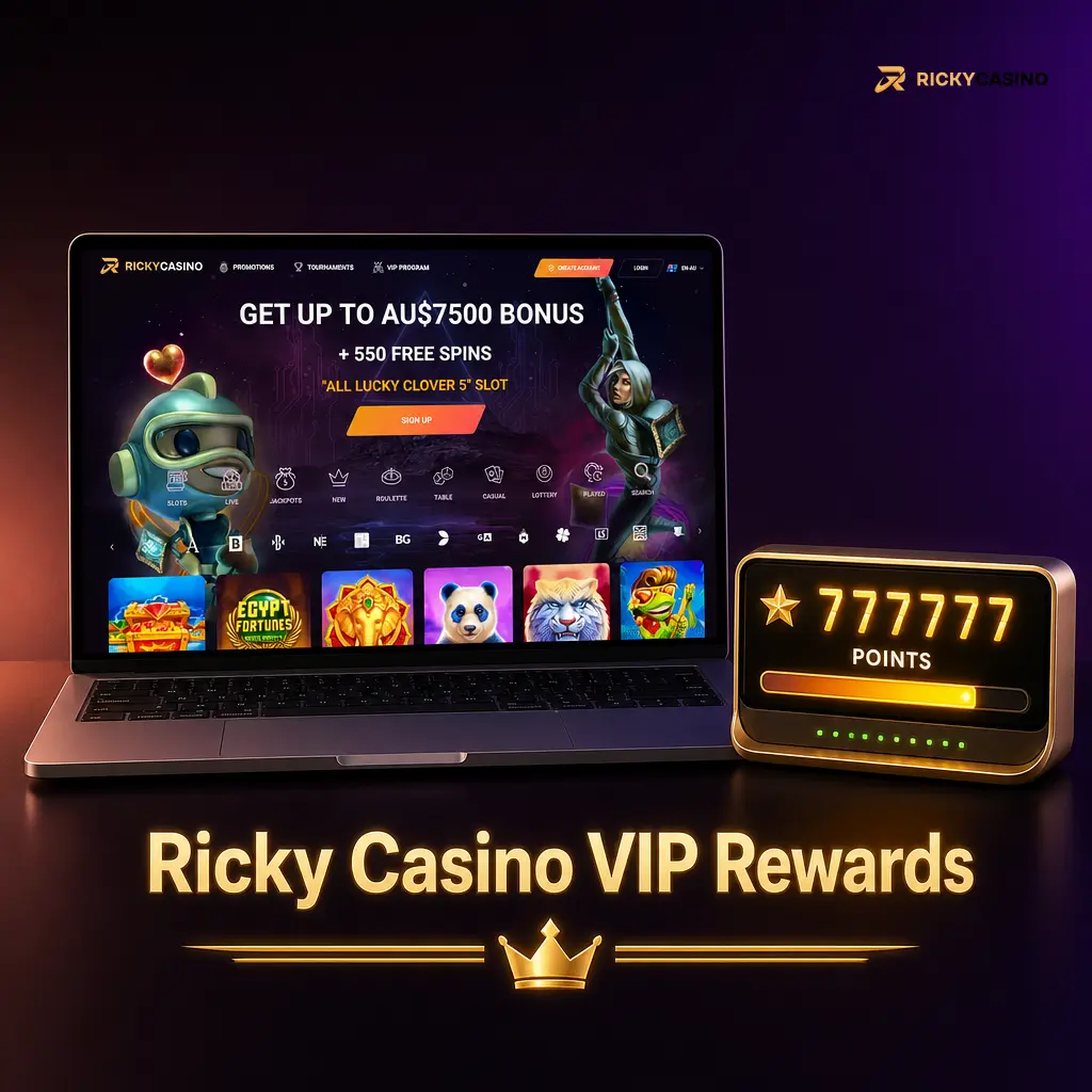 Ricky Casino VIP rewards showing loyalty levels, cashback, reload bonuses, free spins and faster support